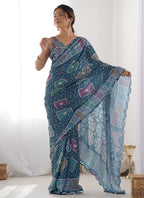 Vegaa Fashion Blue Chinon Silk Print Work With Mirror Work Border Designer Saree | Grocsy
