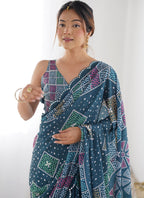 Vegaa Fashion Blue Chinon Silk Print Work With Mirror Work Border Designer Saree | Grocsy