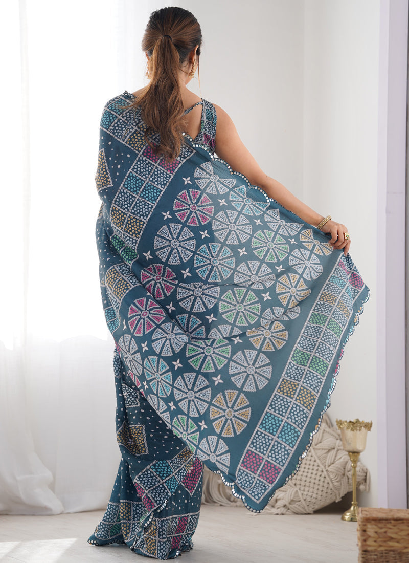 Vegaa Fashion Blue Chinon Silk Print Work With Mirror Work Border Designer Saree | Grocsy