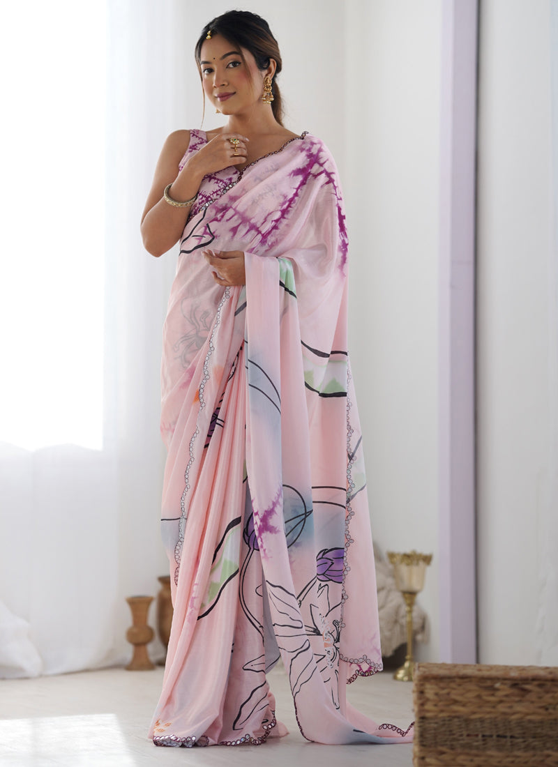 Vegaa Fashion Baby Pink Chinon Silk Print Work With Mirror Work Border Designer Saree | Grocsy