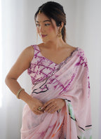 Vegaa Fashion Baby Pink Chinon Silk Print Work With Mirror Work Border Designer Saree | Grocsy
