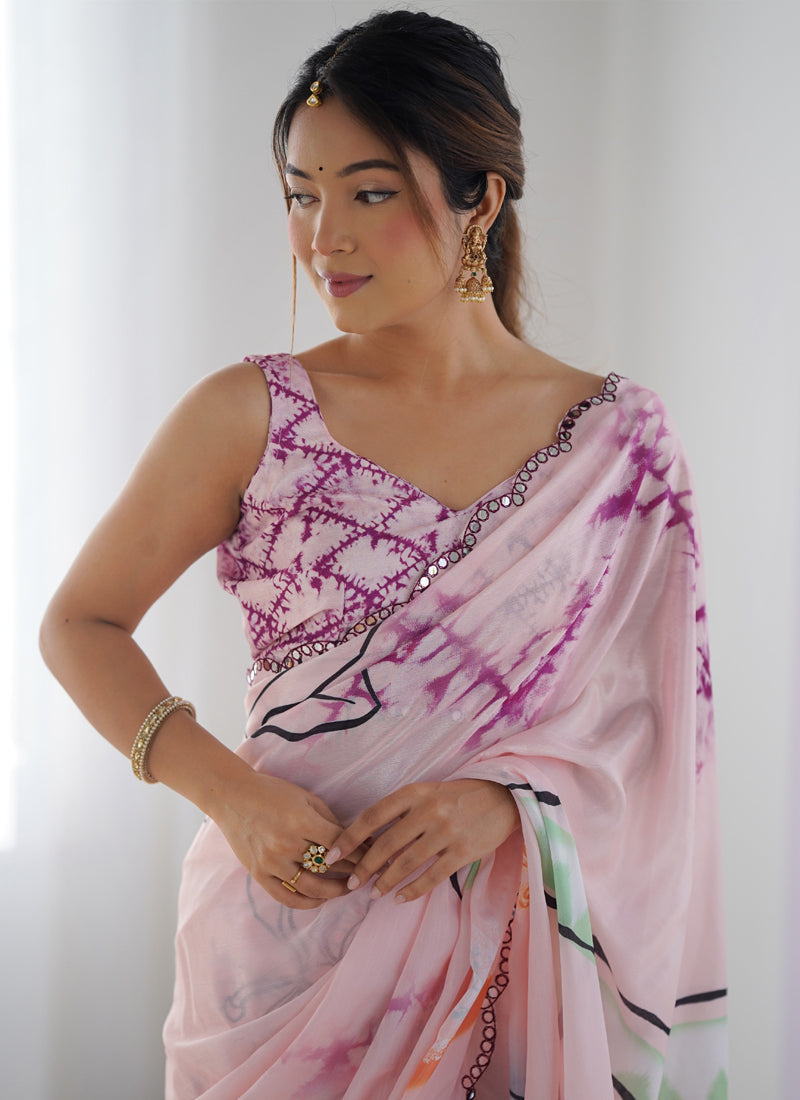 Vegaa Fashion Baby Pink Chinon Silk Print Work With Mirror Work Border Designer Saree | Grocsy