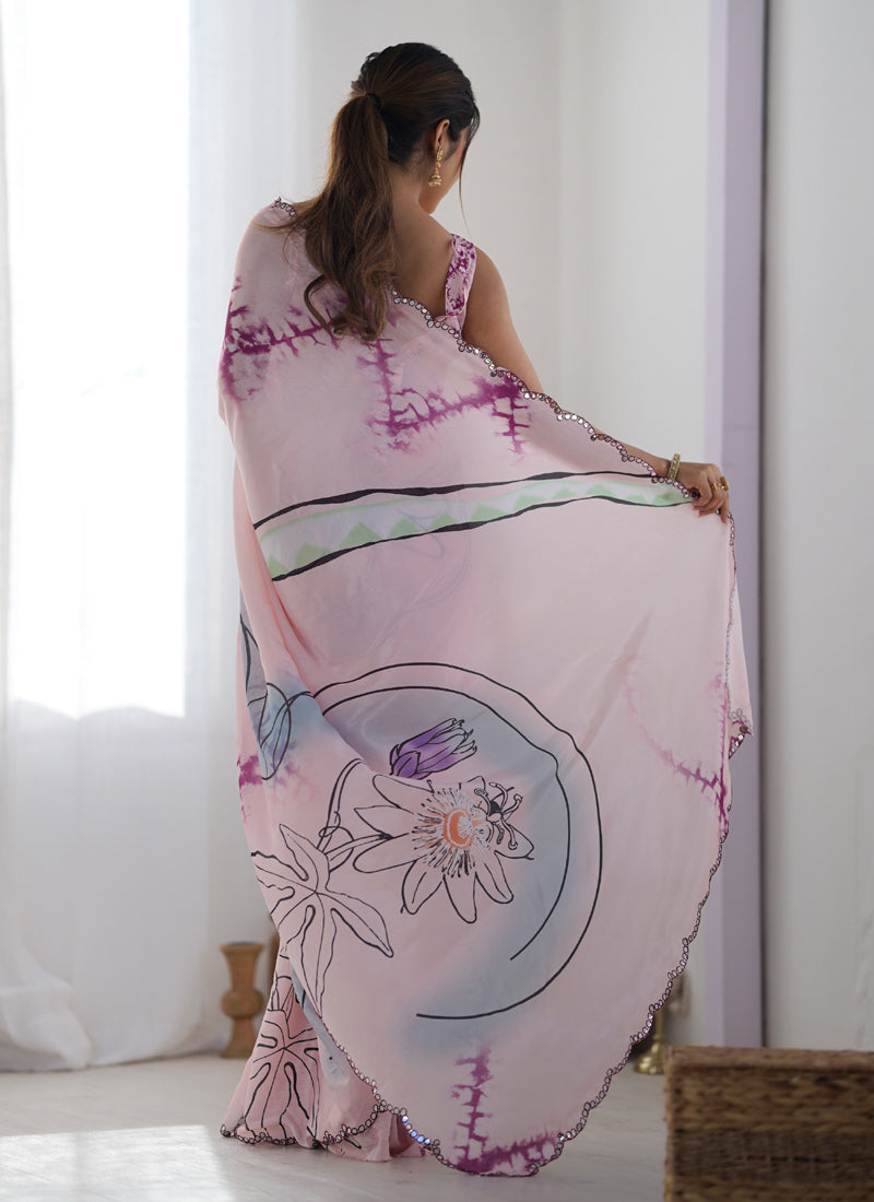 Vegaa Fashion Baby Pink Chinon Silk Print Work With Mirror Work Border Designer Saree | Grocsy