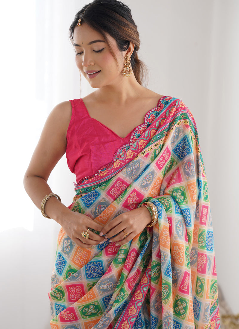 Vegaa Fashion Multi Color Chinon Silk Print Work With Mirror Work Border Designer Saree | Grocsy