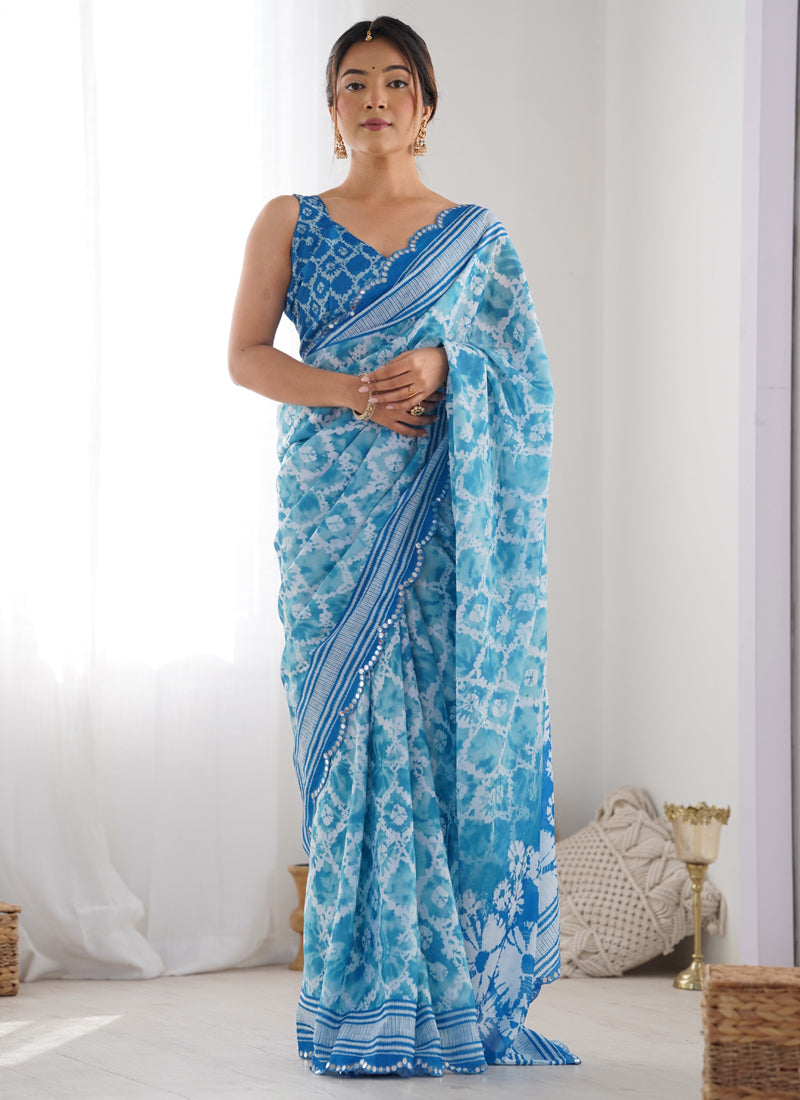 Vegaa Fashion Sky Blue Chinon Silk Print Work With Mirror Work Border Designer Saree | Grocsy