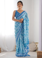 Vegaa Fashion Sky Blue Chinon Silk Print Work With Mirror Work Border Designer Saree | Grocsy