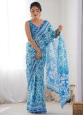 Vegaa Fashion Sky Blue Chinon Silk Print Work With Mirror Work Border Designer Saree | Grocsy