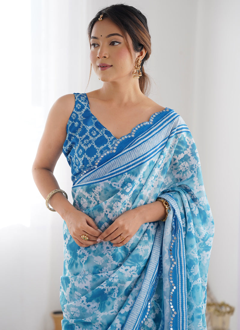Vegaa Fashion Sky Blue Chinon Silk Print Work With Mirror Work Border Designer Saree | Grocsy