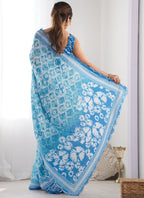 Vegaa Fashion Sky Blue Chinon Silk Print Work With Mirror Work Border Designer Saree | Grocsy
