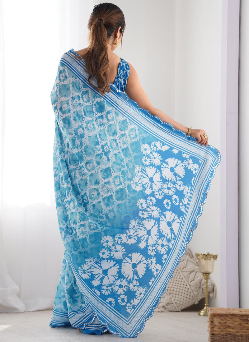 Vegaa Fashion Sky Blue Chinon Silk Print Work With Mirror Work Border Designer Saree | Grocsy