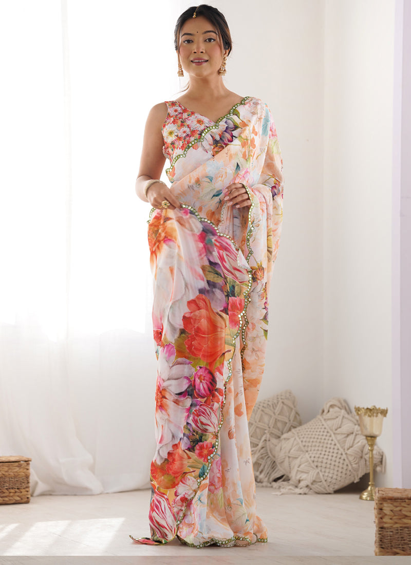 Vegaa Fashion Off White Chinon Silk Print Work With Mirror Work Border Designer Saree | Grocsy