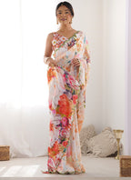 Vegaa Fashion Off White Chinon Silk Print Work With Mirror Work Border Designer Saree | Grocsy
