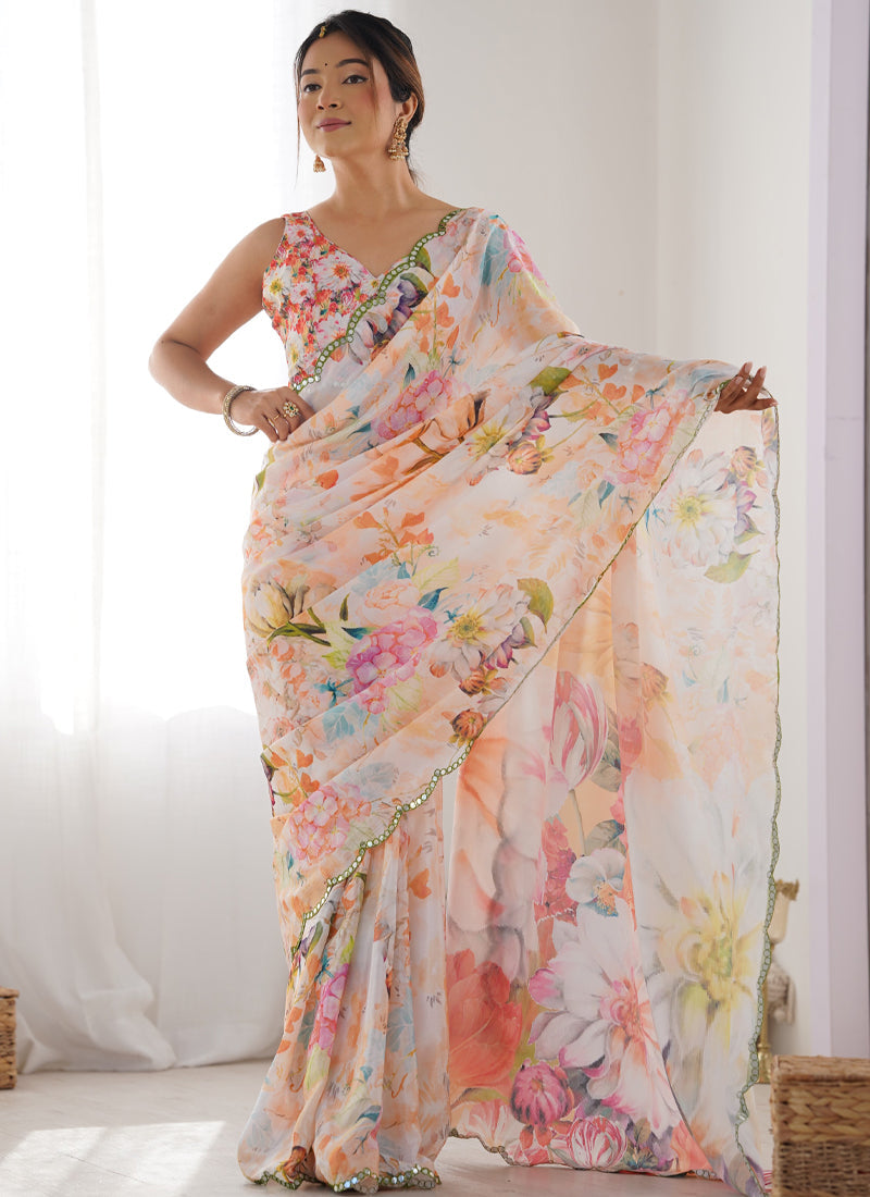 Vegaa Fashion Off White Chinon Silk Print Work With Mirror Work Border Designer Saree | Grocsy