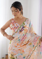 Vegaa Fashion Off White Chinon Silk Print Work With Mirror Work Border Designer Saree | Grocsy