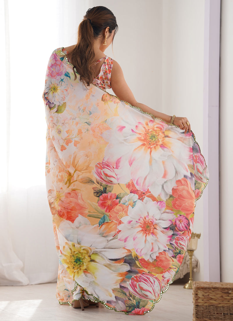 Vegaa Fashion Off White Chinon Silk Print Work With Mirror Work Border Designer Saree | Grocsy