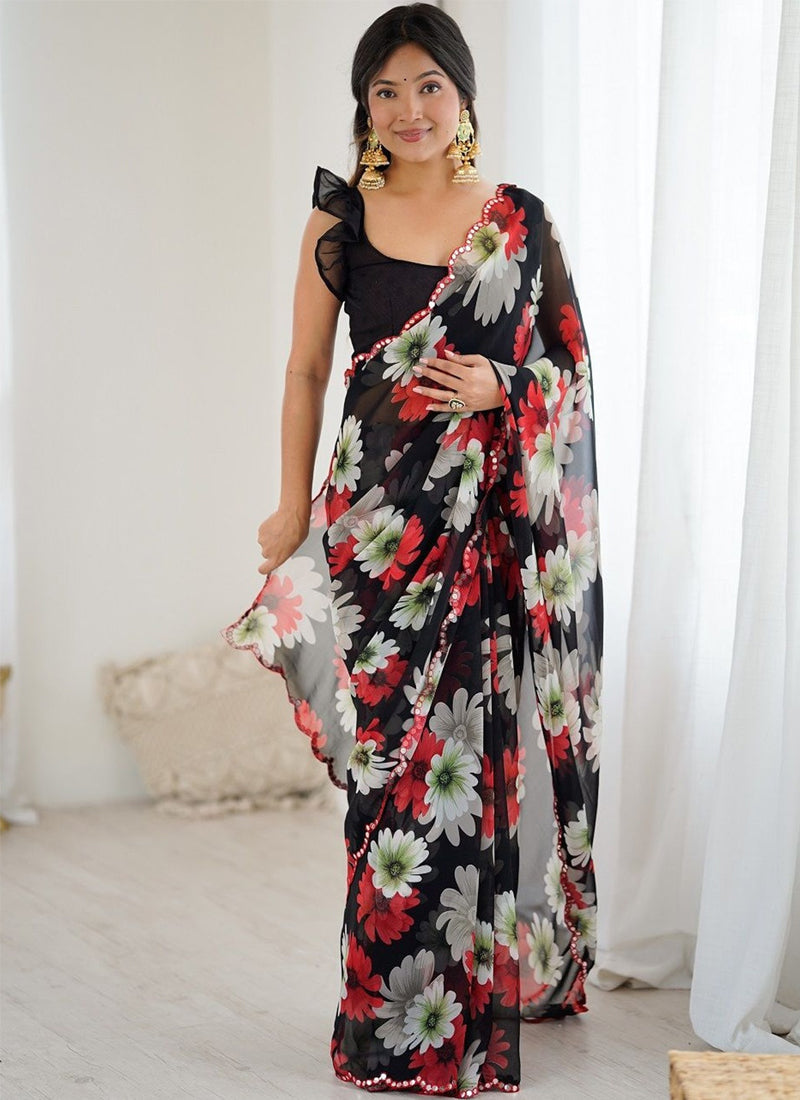 Vegaa Fashion Black Georgette Silk Printed Mirror Work Border Designer Saree | Grocsy