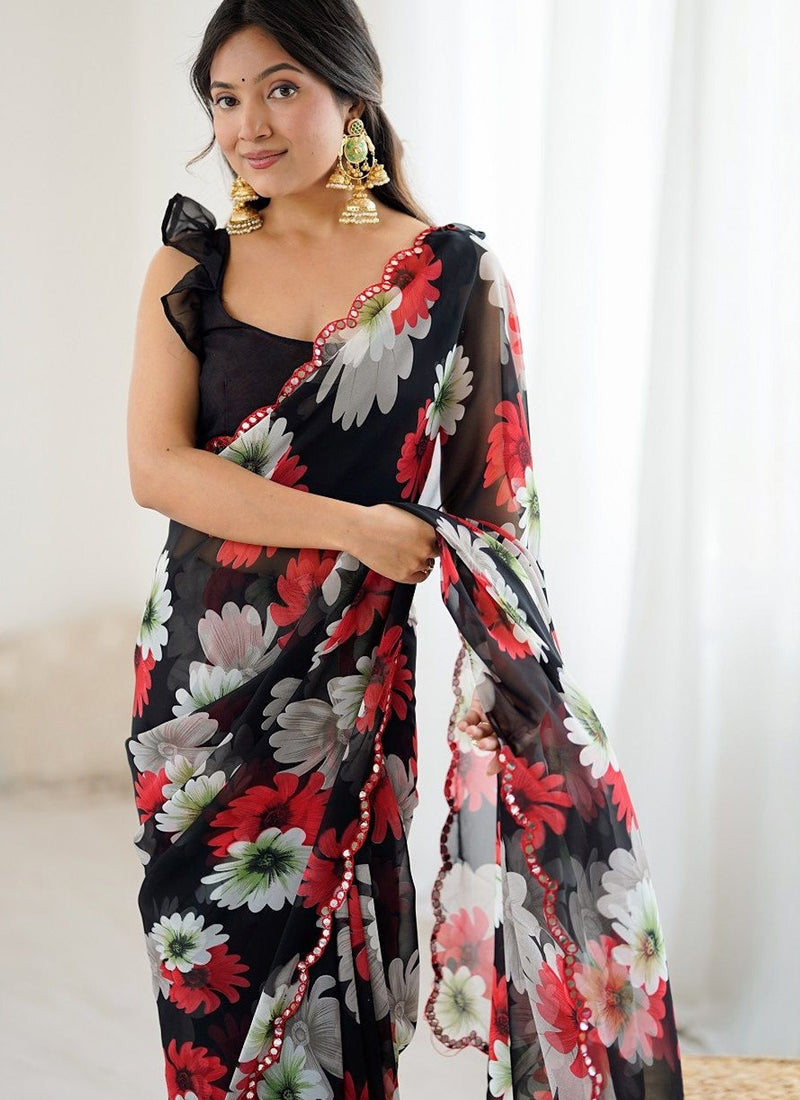 Vegaa Fashion Black Georgette Silk Printed Mirror Work Border Designer Saree | Grocsy