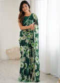 Vegaa Fashion Green Georgette Silk Printed Mirror Work Border Designer Saree | Grocsy