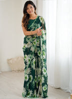 Vegaa Fashion Green Georgette Silk Printed Mirror Work Border Designer Saree | Grocsy