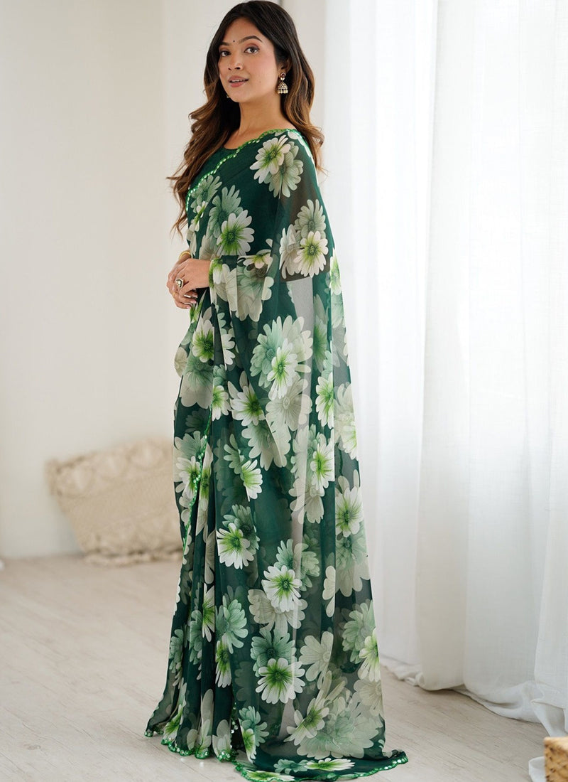 Vegaa Fashion Green Georgette Silk Printed Mirror Work Border Designer Saree | Grocsy