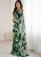 Vegaa Fashion Green Georgette Silk Printed Mirror Work Border Designer Saree | Grocsy