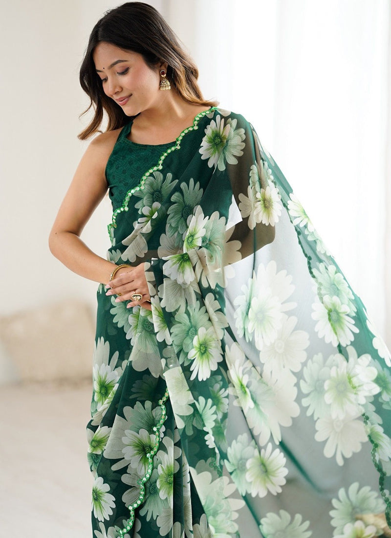 Vegaa Fashion Green Georgette Silk Printed Mirror Work Border Designer Saree | Grocsy