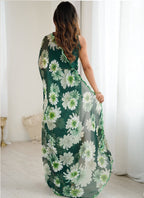 Vegaa Fashion Green Georgette Silk Printed Mirror Work Border Designer Saree | Grocsy