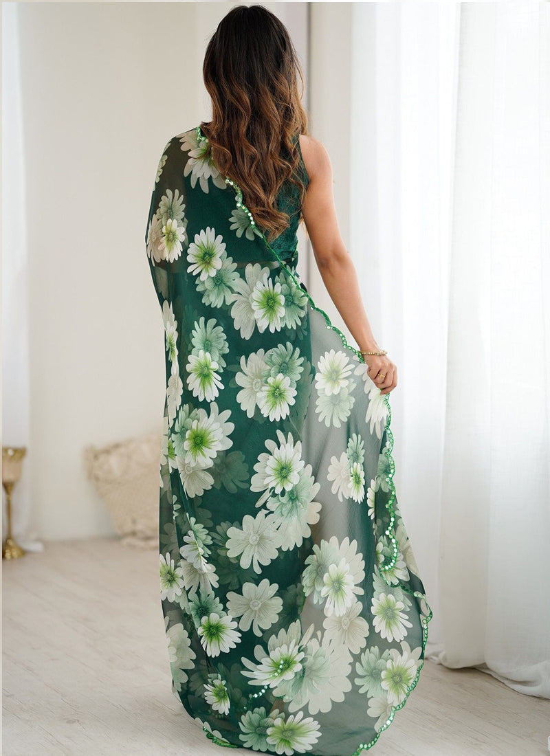 Vegaa Fashion Green Georgette Silk Printed Mirror Work Border Designer Saree | Grocsy