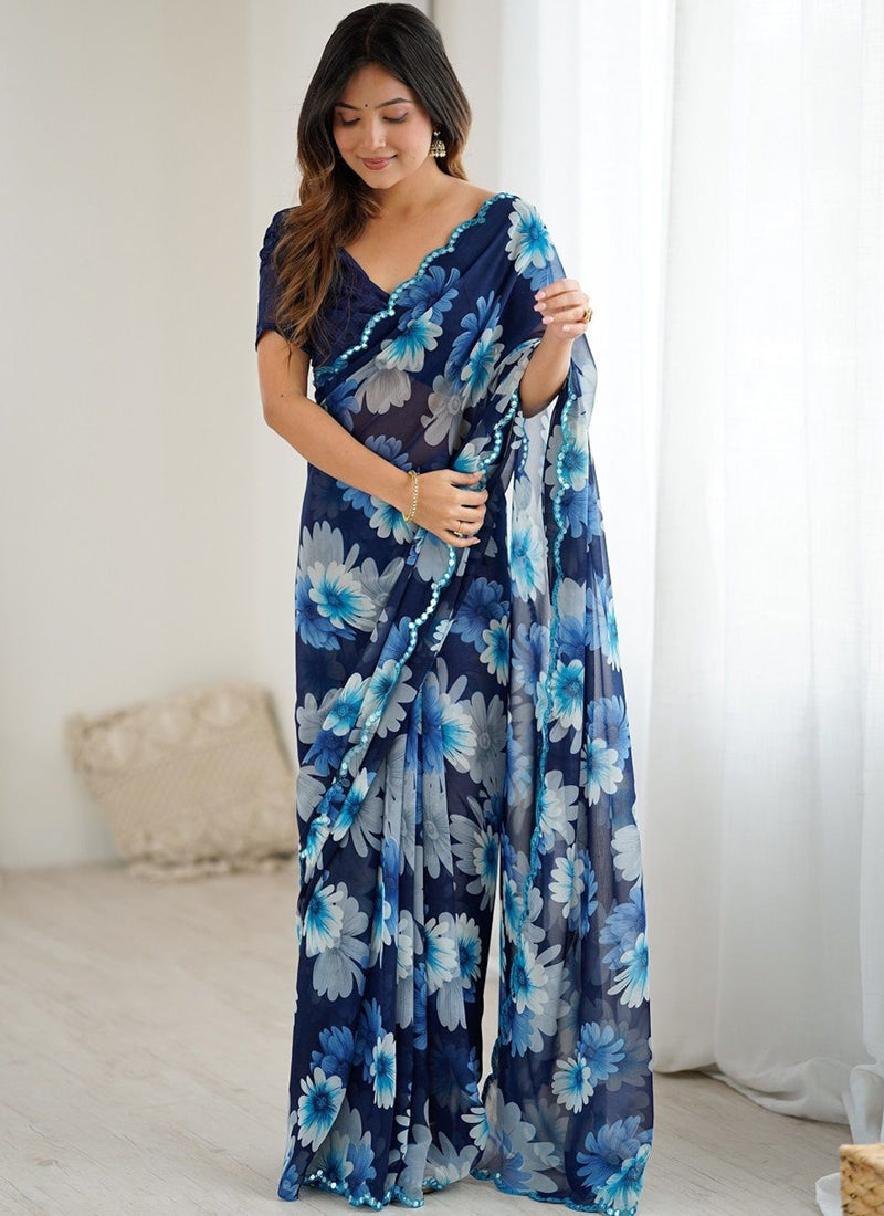 Vegaa Fashion Blue Georgette Silk Printed Mirror Work Border Designer Saree | Grocsy