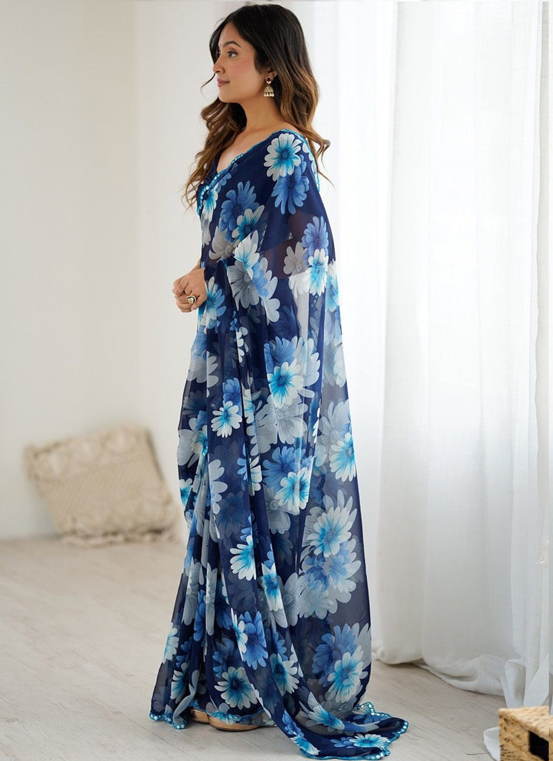 Vegaa Fashion Blue Georgette Silk Printed Mirror Work Border Designer Saree | Grocsy