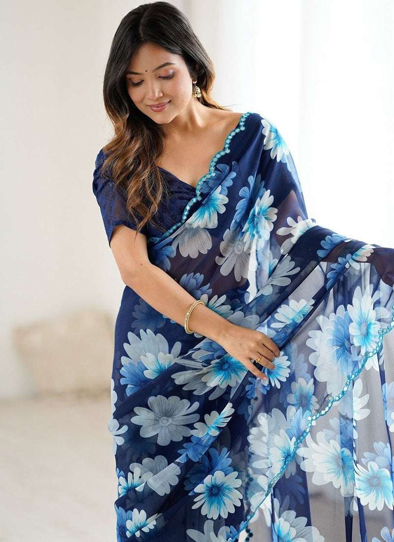 Vegaa Fashion Blue Georgette Silk Printed Mirror Work Border Designer Saree | Grocsy