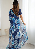 Vegaa Fashion Blue Georgette Silk Printed Mirror Work Border Designer Saree | Grocsy