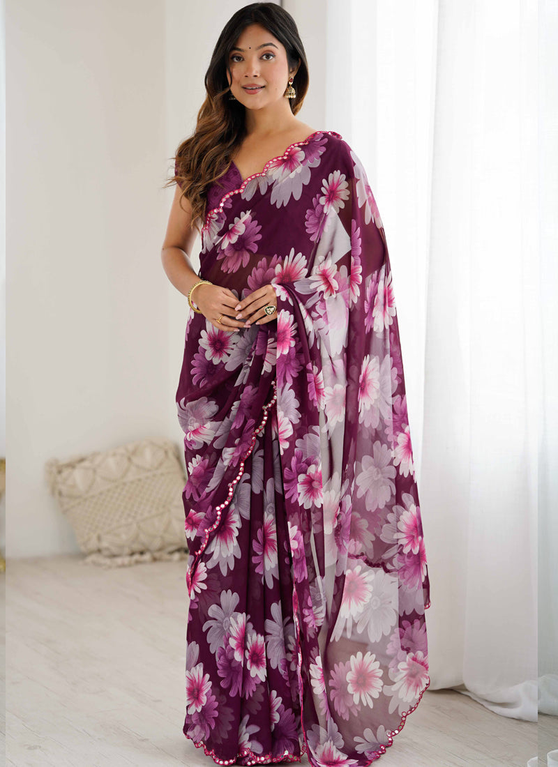 Vegaa Fashion Purple Georgette Silk Printed Mirror Work Border Designer Saree | Grocsy