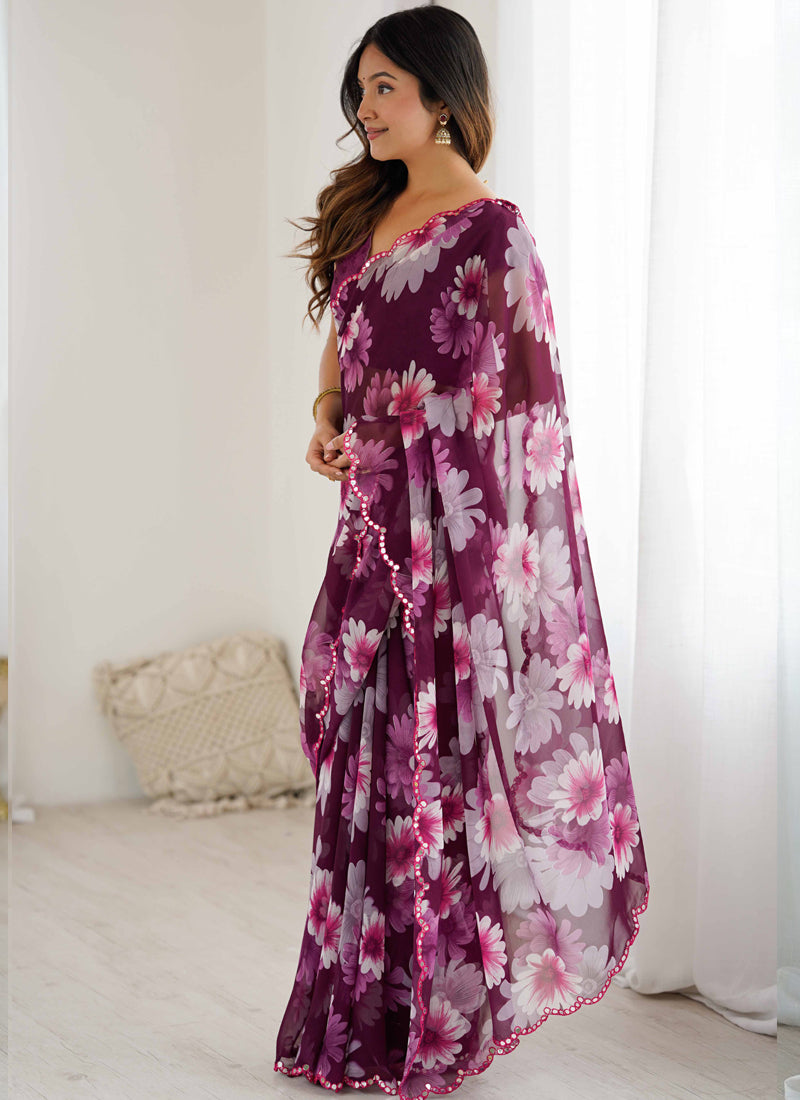 Vegaa Fashion Purple Georgette Silk Printed Mirror Work Border Designer Saree | Grocsy