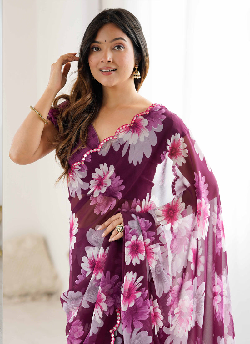 Vegaa Fashion Purple Georgette Silk Printed Mirror Work Border Designer Saree | Grocsy