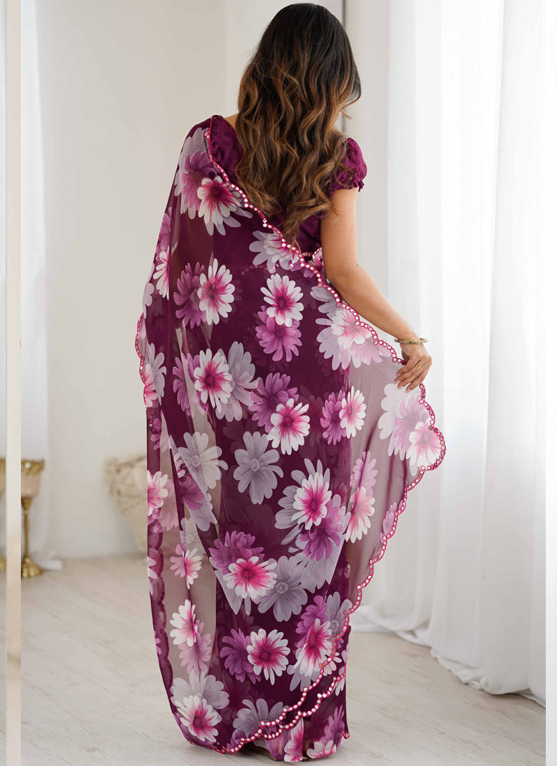Vegaa Fashion Purple Georgette Silk Printed Mirror Work Border Designer Saree | Grocsy