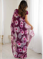 Vegaa Fashion Purple Georgette Silk Printed Mirror Work Border Designer Saree | Grocsy