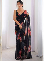 Vegaa Fashion Black Georgette Silk Printed Moti Work Border Designer Saree | Grocsy