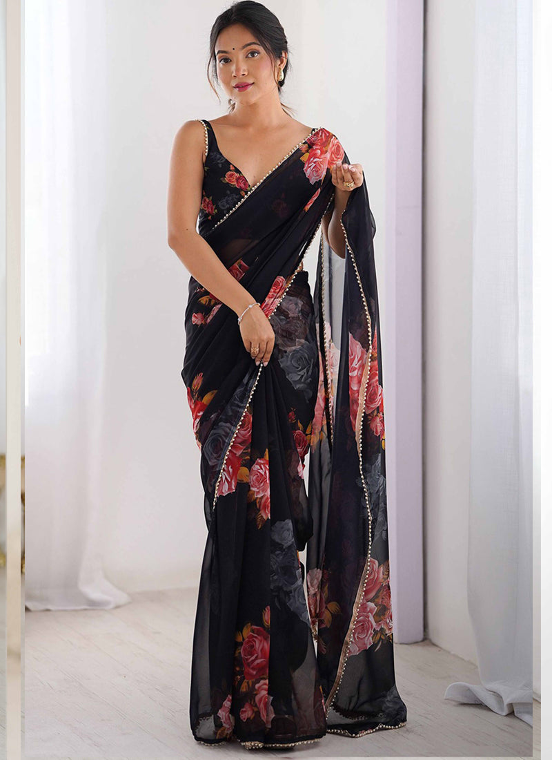 Vegaa Fashion Black Georgette Silk Printed Moti Work Border Designer Saree | Grocsy