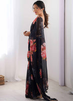 Vegaa Fashion Black Georgette Silk Printed Moti Work Border Designer Saree | Grocsy