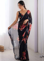 Vegaa Fashion Black Georgette Silk Printed Moti Work Border Designer Saree | Grocsy