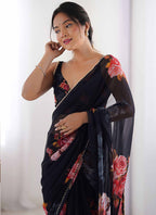 Vegaa Fashion Black Georgette Silk Printed Moti Work Border Designer Saree | Grocsy