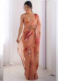 Vegaa Fashion Peach Georgette Silk Printed Moti Work Border Designer Saree | Grocsy