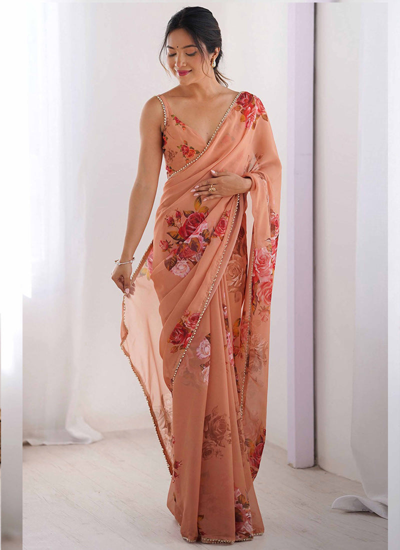 Vegaa Fashion Peach Georgette Silk Printed Moti Work Border Designer Saree | Grocsy
