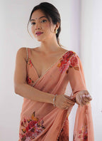 Vegaa Fashion Peach Georgette Silk Printed Moti Work Border Designer Saree | Grocsy