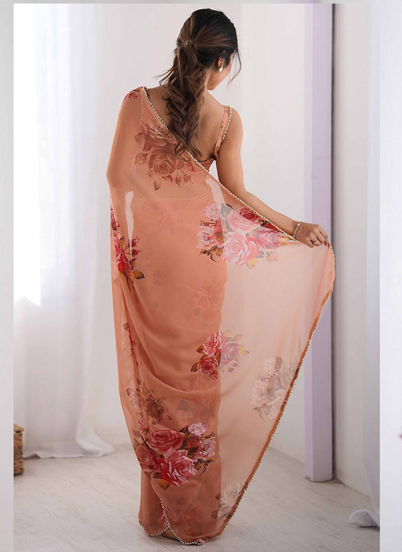 Vegaa Fashion Peach Georgette Silk Printed Moti Work Border Designer Saree | Grocsy