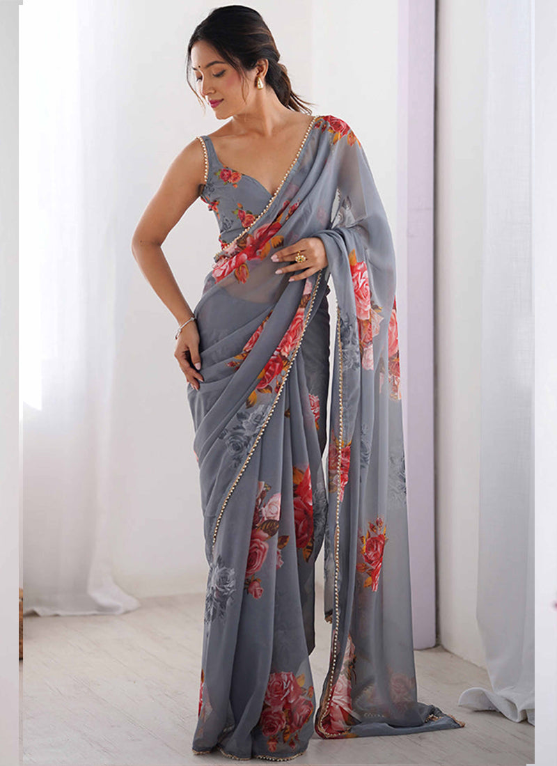 Vegaa Fashion Grey Georgette Silk Printed Moti Work Border Designer Saree | Grocsy