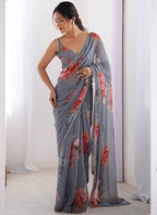 Vegaa Fashion Grey Georgette Silk Printed Moti Work Border Designer Saree | Grocsy