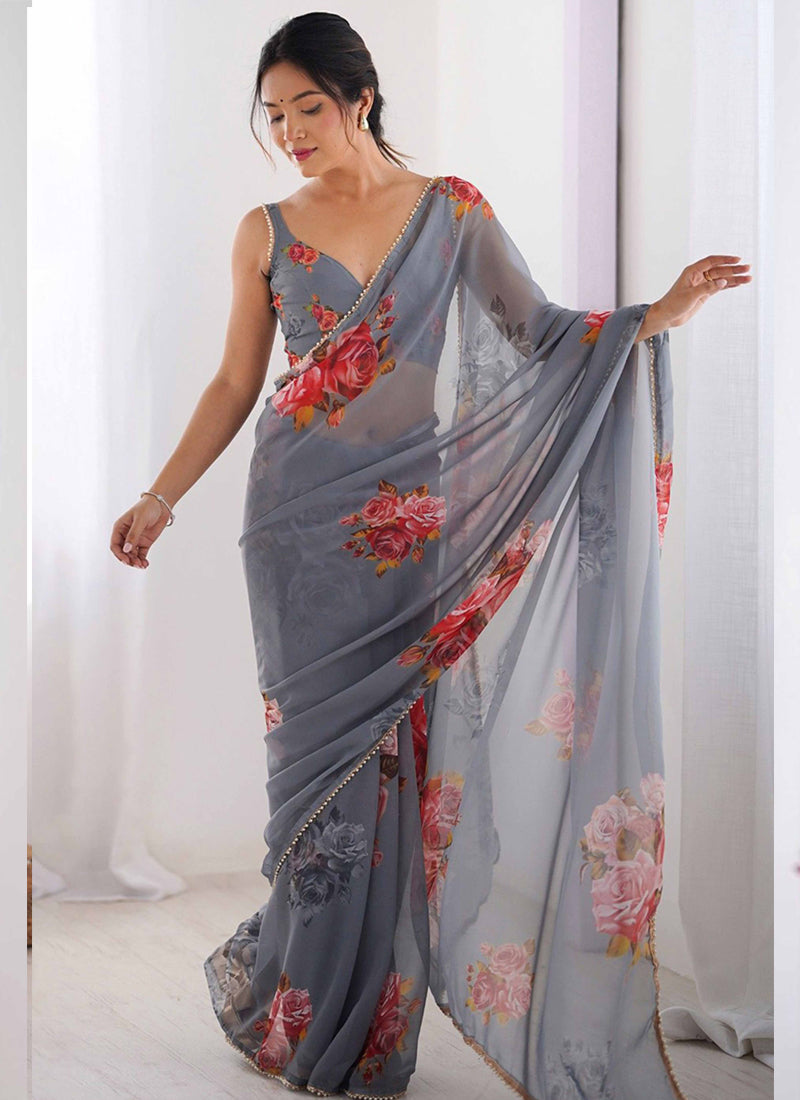 Vegaa Fashion Grey Georgette Silk Printed Moti Work Border Designer Saree | Grocsy