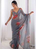 Vegaa Fashion Grey Georgette Silk Printed Moti Work Border Designer Saree | Grocsy